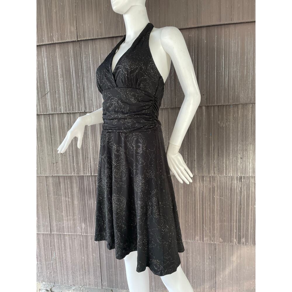 🔥Y2K Black Halter Dress Sparkly Glitter Rose Formal Cocktail Feminine Whimsical